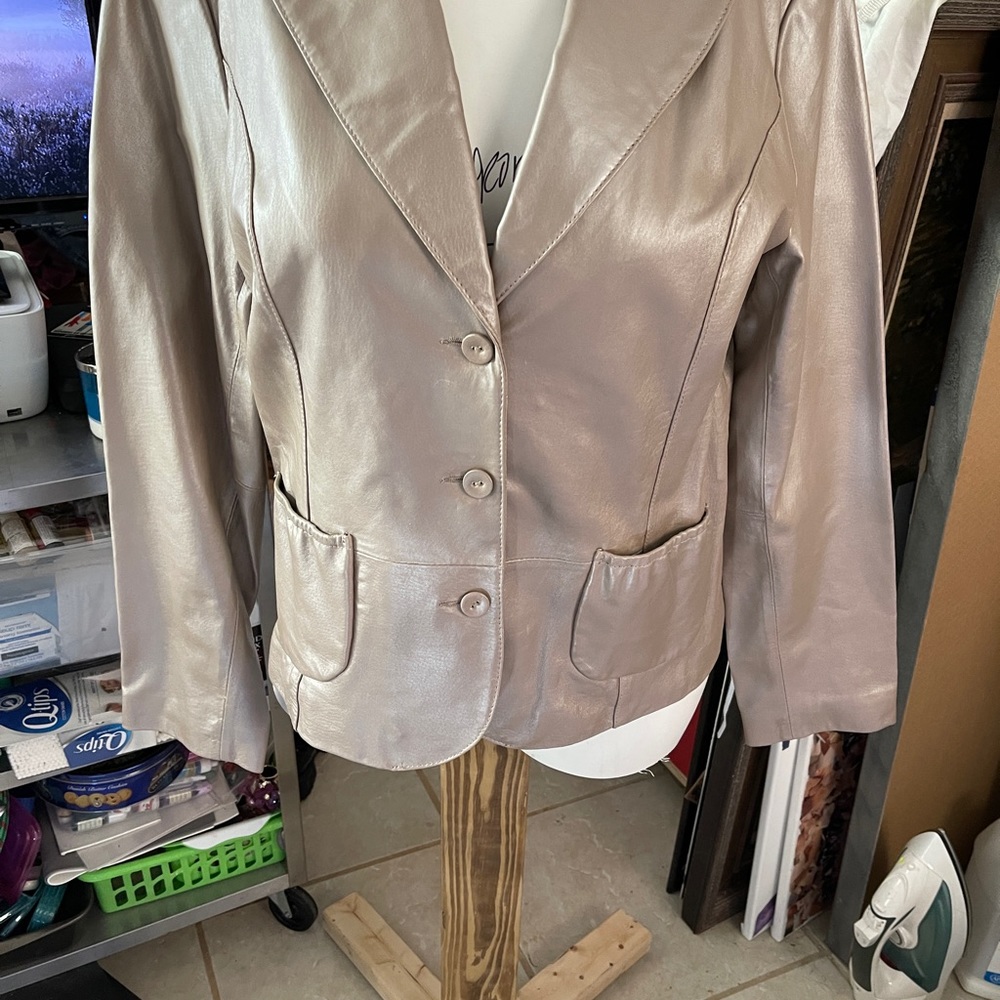 Women Dialogue Lined Jacket Women Champagne Large Genuine Leather Blazer Button